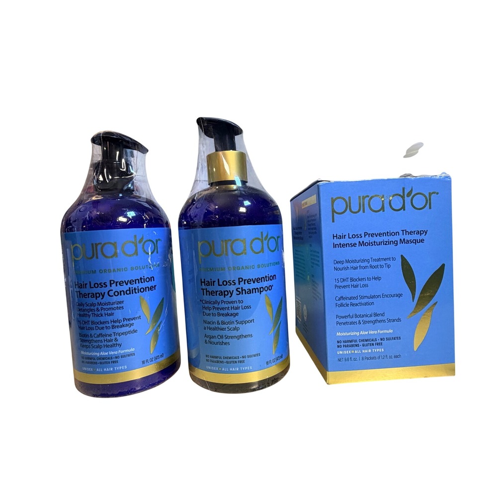 Pura D'or Hair Loss Prevention Therapy Set 16oz Blue New DHT Blocker Scalp Care